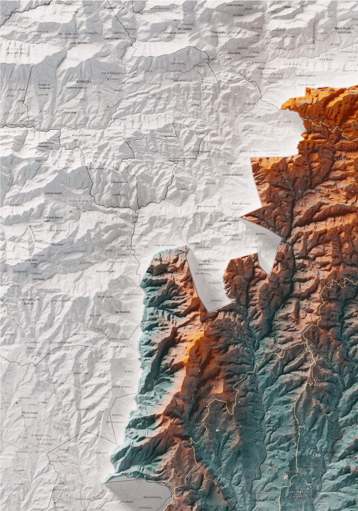 Mapa de relleu del Lluçanès, amb el territori en color i l’entorn en blanc. Detall de la part superior esquerra. 70 × 100 cm. Estil Blau i taronja.