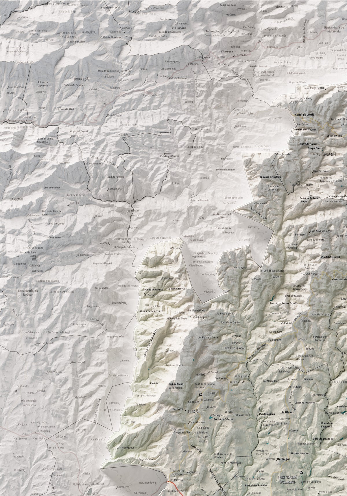 Mapa de relleu del Lluçanès, amb el territori en color i l’entorn en blanc. Detall de la part superior esquerra. 70 × 100 cm. Estil Cartogràfic.