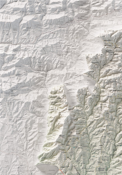 Mapa de relleu del Lluçanès, amb el territori en color i l’entorn en blanc. Detall de la part superior esquerra. 70 × 100 cm. Estil Cartogràfic.