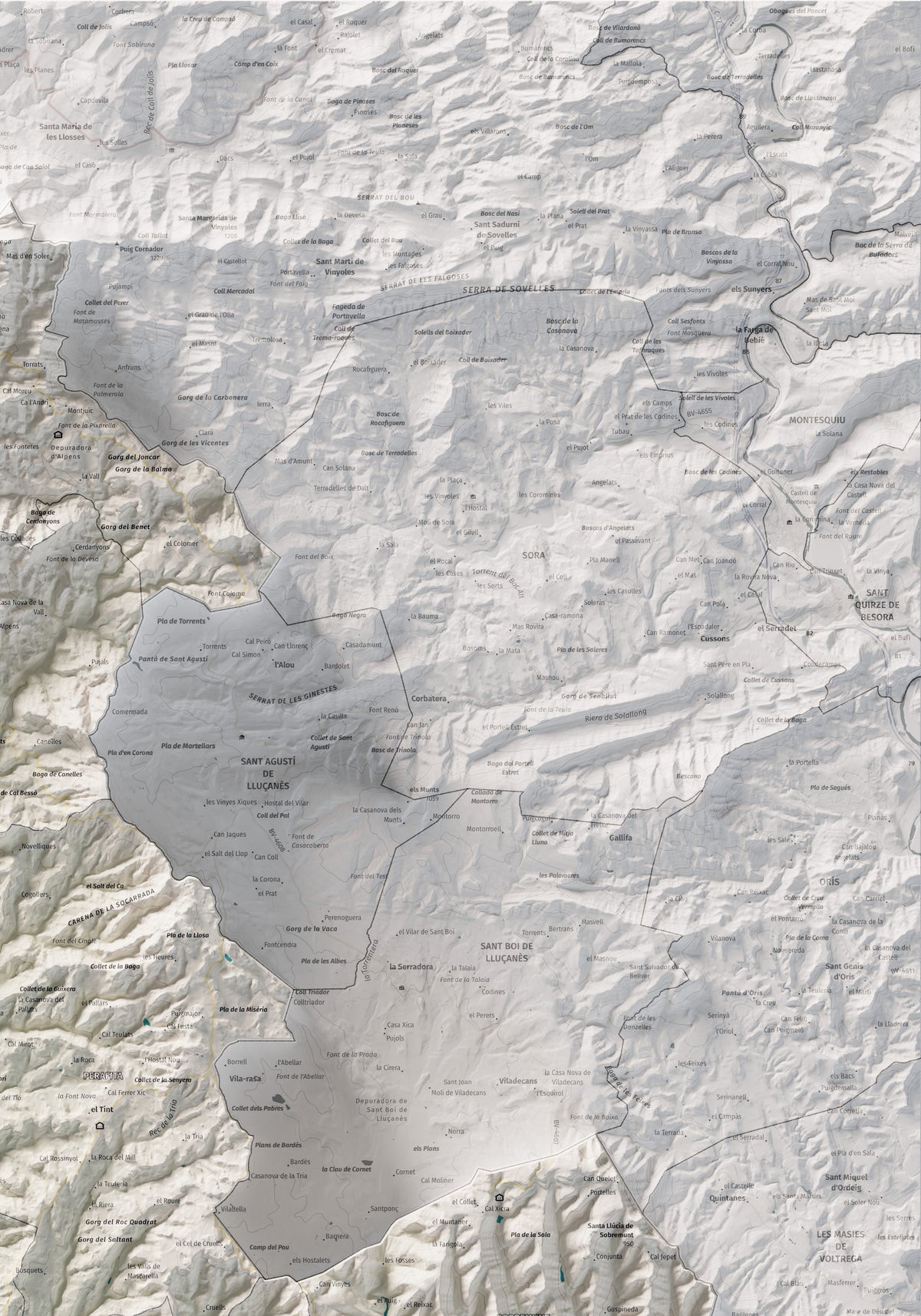 Mapa de relleu del Lluçanès, amb el territori en color i l’entorn en blanc. Detall de la part superior dreta. 70 × 100 cm. Estil Cartogràfic.
