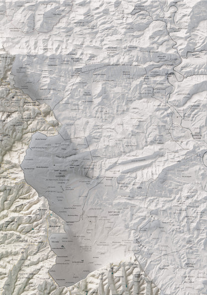 Mapa de relleu del Lluçanès, amb el territori en color i l’entorn en blanc. Detall de la part superior dreta. 70 × 100 cm. Estil Cartogràfic.