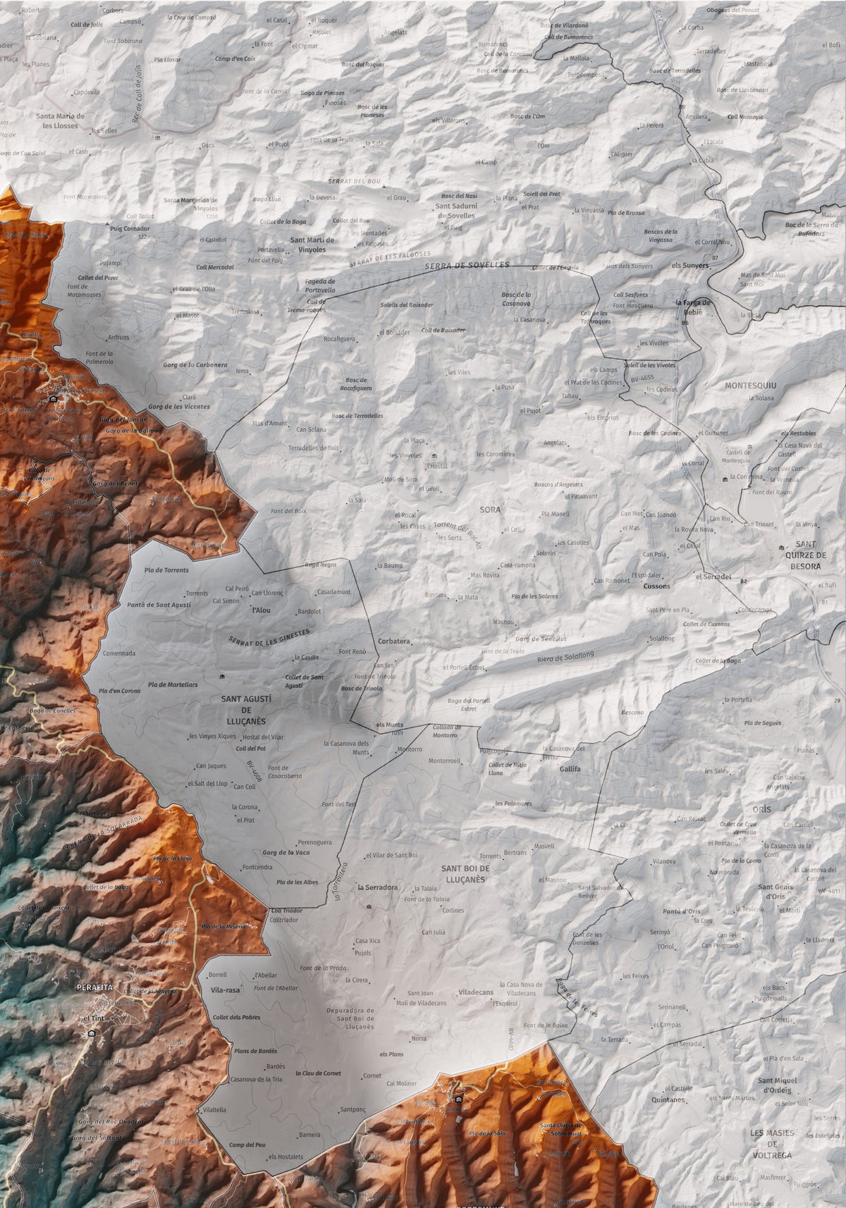 Mapa de relleu del Lluçanès, amb el territori en color i l’entorn en blanc. Detall de la part superior dreta. 70 × 100 cm. Estil Blau i taronja.