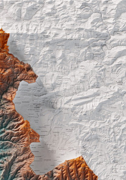 Mapa de relleu del Lluçanès, amb el territori en color i l’entorn en blanc. Detall de la part superior dreta. 70 × 100 cm. Estil Blau i taronja.