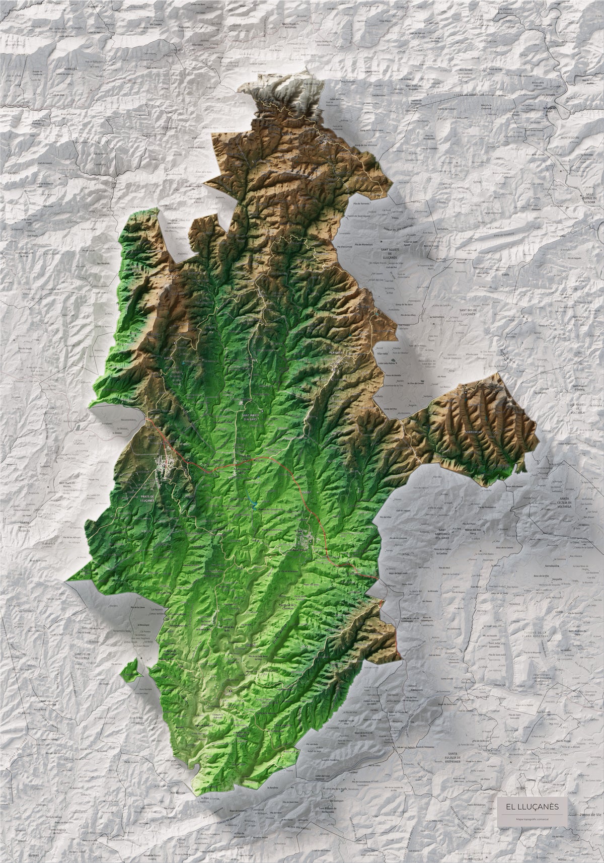 Mapa de relleu del Lluçanès, amb el territori en color i l’entorn en blanc. Vista completa de la làmina. 70 × 100 cm. Estil Clàssic.