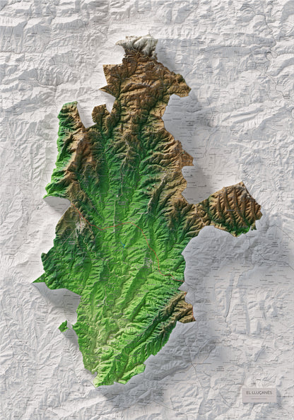 Mapa de relleu del Lluçanès, amb el territori en color i l’entorn en blanc. Vista completa de la làmina. 70 × 100 cm. Estil Clàssic.