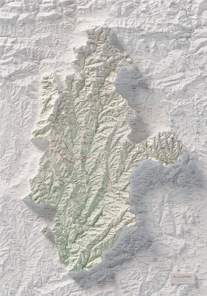 Mapa de relleu del Lluçanès, amb el territori en color i l’entorn en blanc. Vista completa de la làmina. 70 × 100 cm. Estil Cartogràfic.