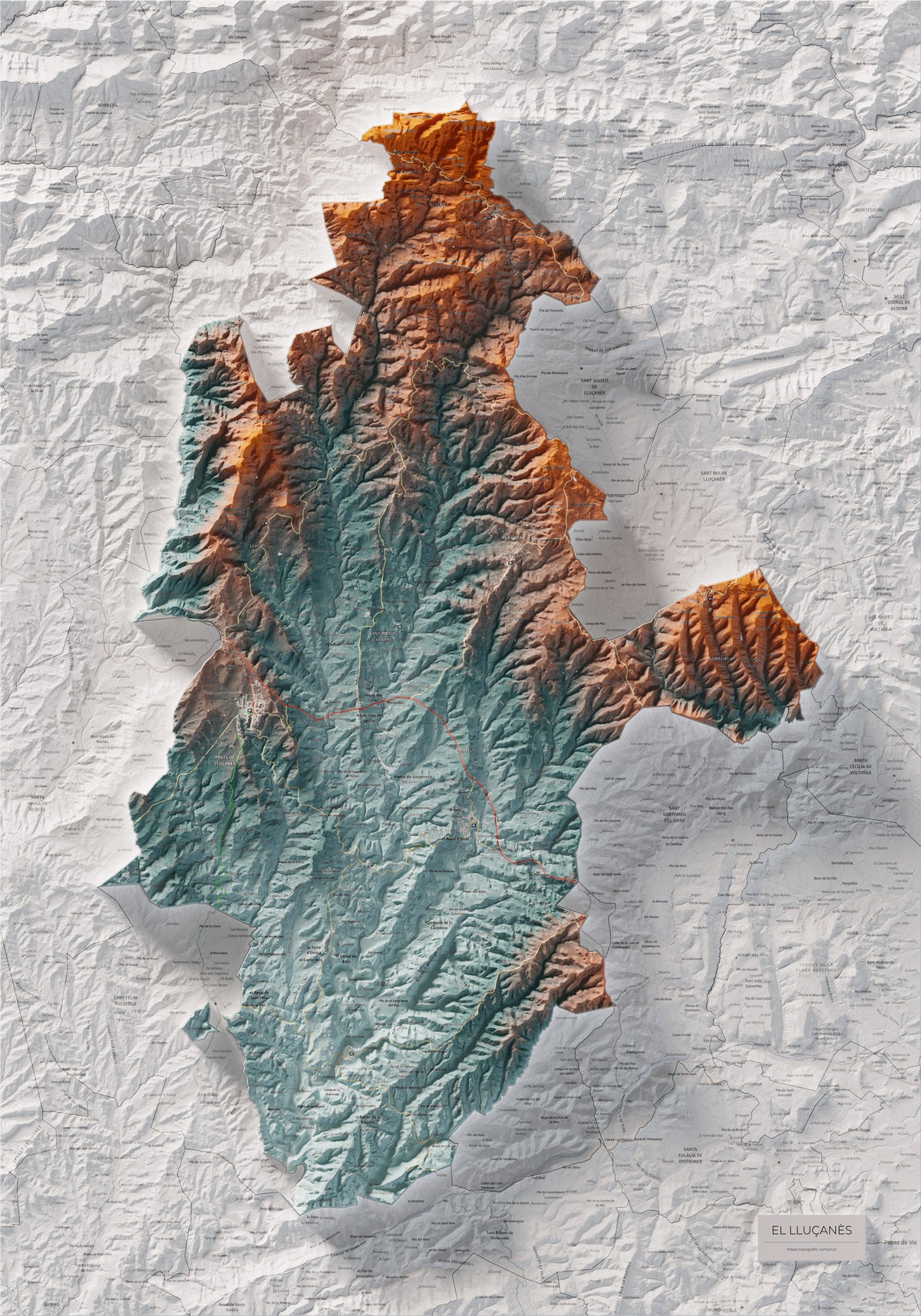 Mapa de relleu del Lluçanès, amb el territori en color i l’entorn en blanc. Vista completa de la làmina. 70 × 100 cm. Estil Blau i taronja.