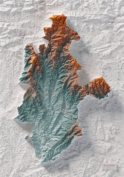 Mapa de relleu del Lluçanès, amb el territori en color i l’entorn en blanc. Vista completa de la làmina. 70 × 100 cm. Estil Blau i taronja.
