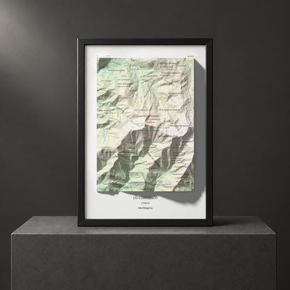 Mapa de relieve de Lo Corronco, 2543 m, Alta Ribagorça, lámina 100 Cims de Trobart. Presentación enmarcada. 21 × 30 cm.