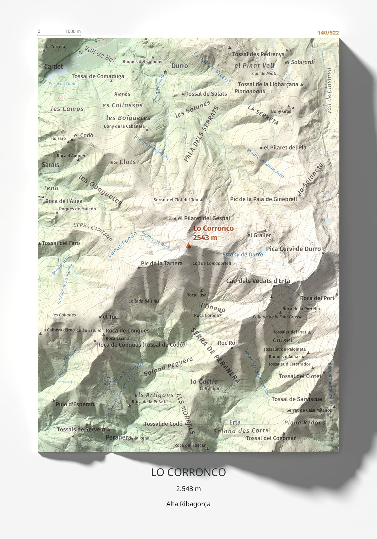 Mapa de relieve de Lo Corronco, 2543 m, Alta Ribagorça, lámina 100 Cims de Trobart 21 × 30 cm.