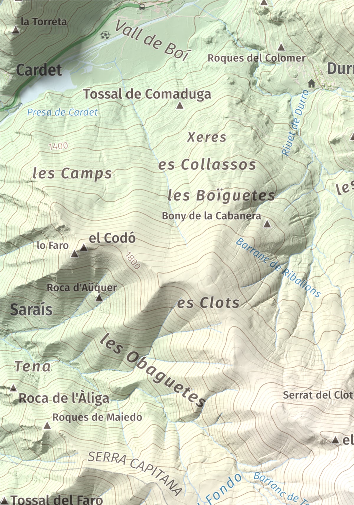 Mapa de relieve de Lo Corronco, 2543 m, Alta Ribagorça, lámina 100 Cims de Trobart. Detalle de la zona superior izquierda. 21 × 30 cm.