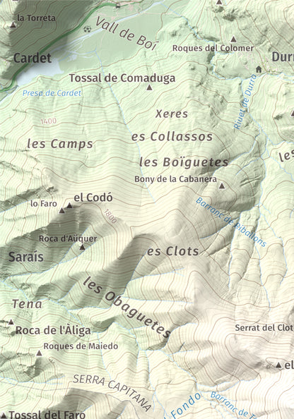 Mapa de relieve de Lo Corronco, 2543 m, Alta Ribagorça, lámina 100 Cims de Trobart. Detalle de la zona superior izquierda. 21 × 30 cm.