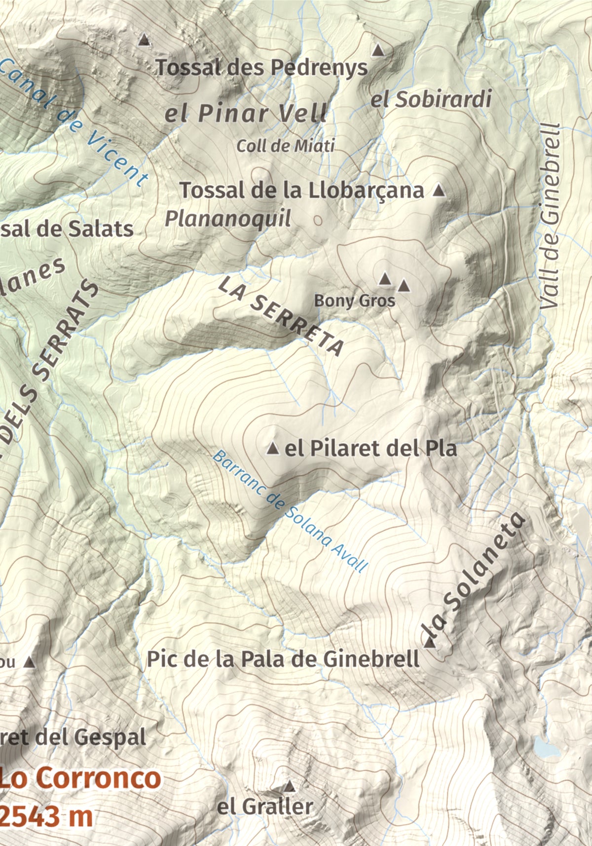 Mapa de relieve de Lo Corronco, 2543 m, Alta Ribagorça, lámina 100 Cims de Trobart. Detalle de la zona superior derecha. 21 × 30 cm.