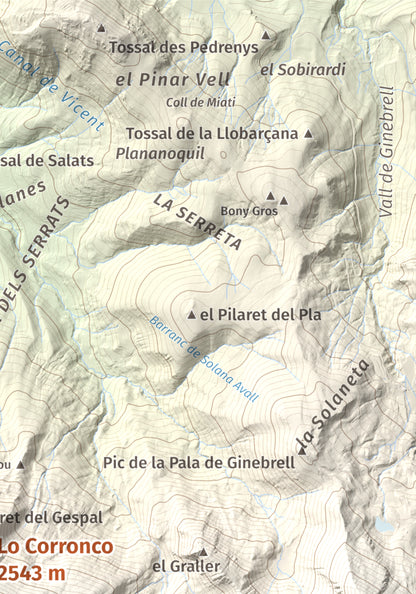 Mapa de relieve de Lo Corronco, 2543 m, Alta Ribagorça, lámina 100 Cims de Trobart. Detalle de la zona superior derecha. 21 × 30 cm.