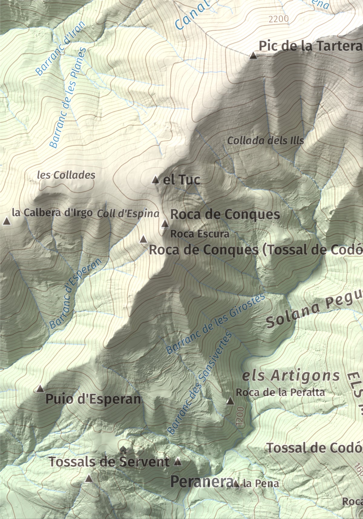 Mapa de relieve de Lo Corronco, 2543 m, Alta Ribagorça, lámina 100 Cims de Trobart. Detalle de la zona inferior izquierda. 21 × 30 cm.