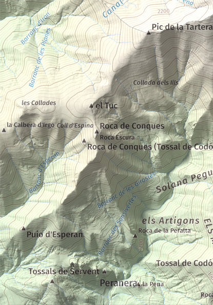 Mapa de relieve de Lo Corronco, 2543 m, Alta Ribagorça, lámina 100 Cims de Trobart. Detalle de la zona inferior izquierda. 21 × 30 cm.