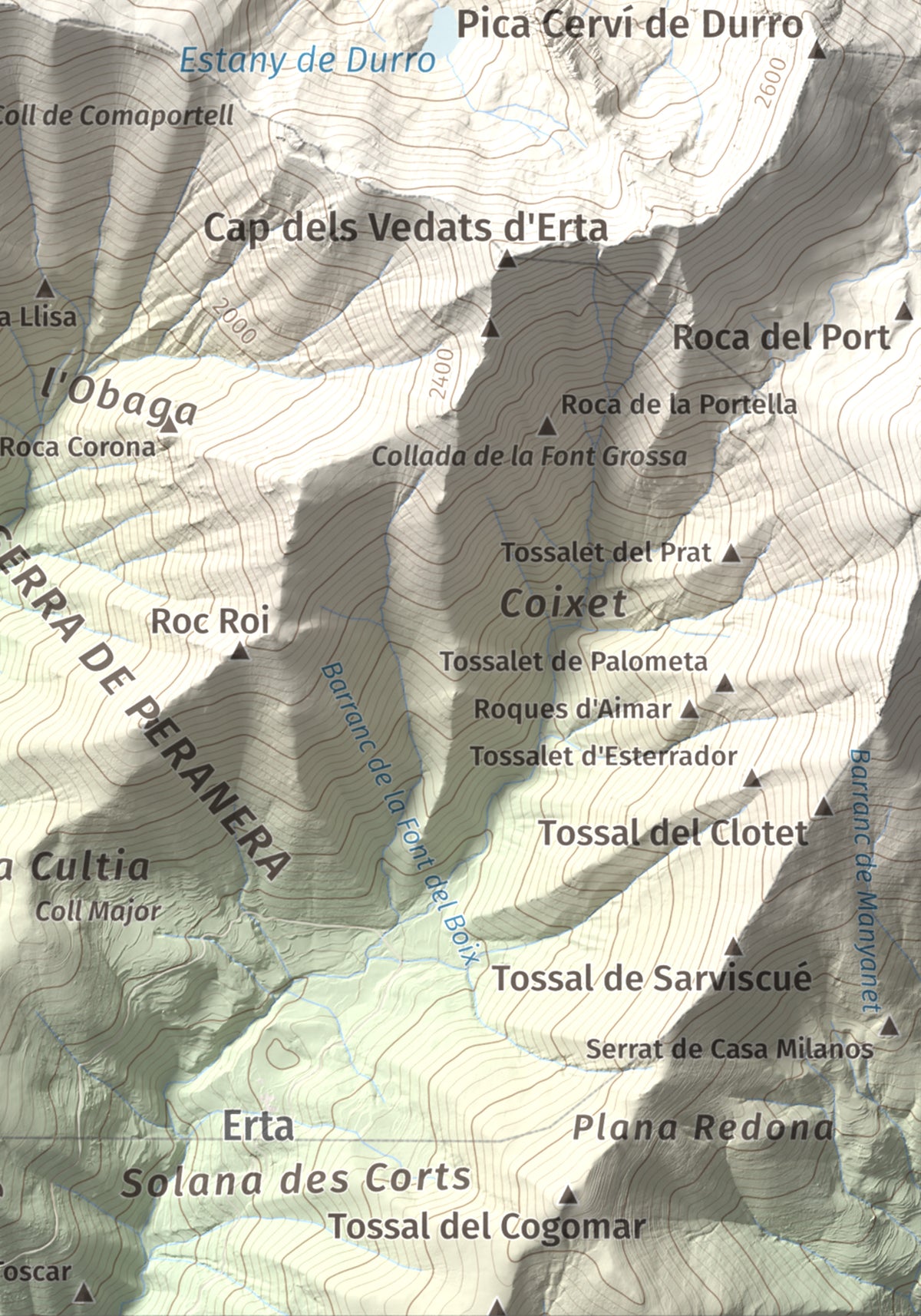 Mapa de relieve de Lo Corronco, 2543 m, Alta Ribagorça, lámina 100 Cims de Trobart. Detalle de la zona inferior derecha. 21 × 30 cm.