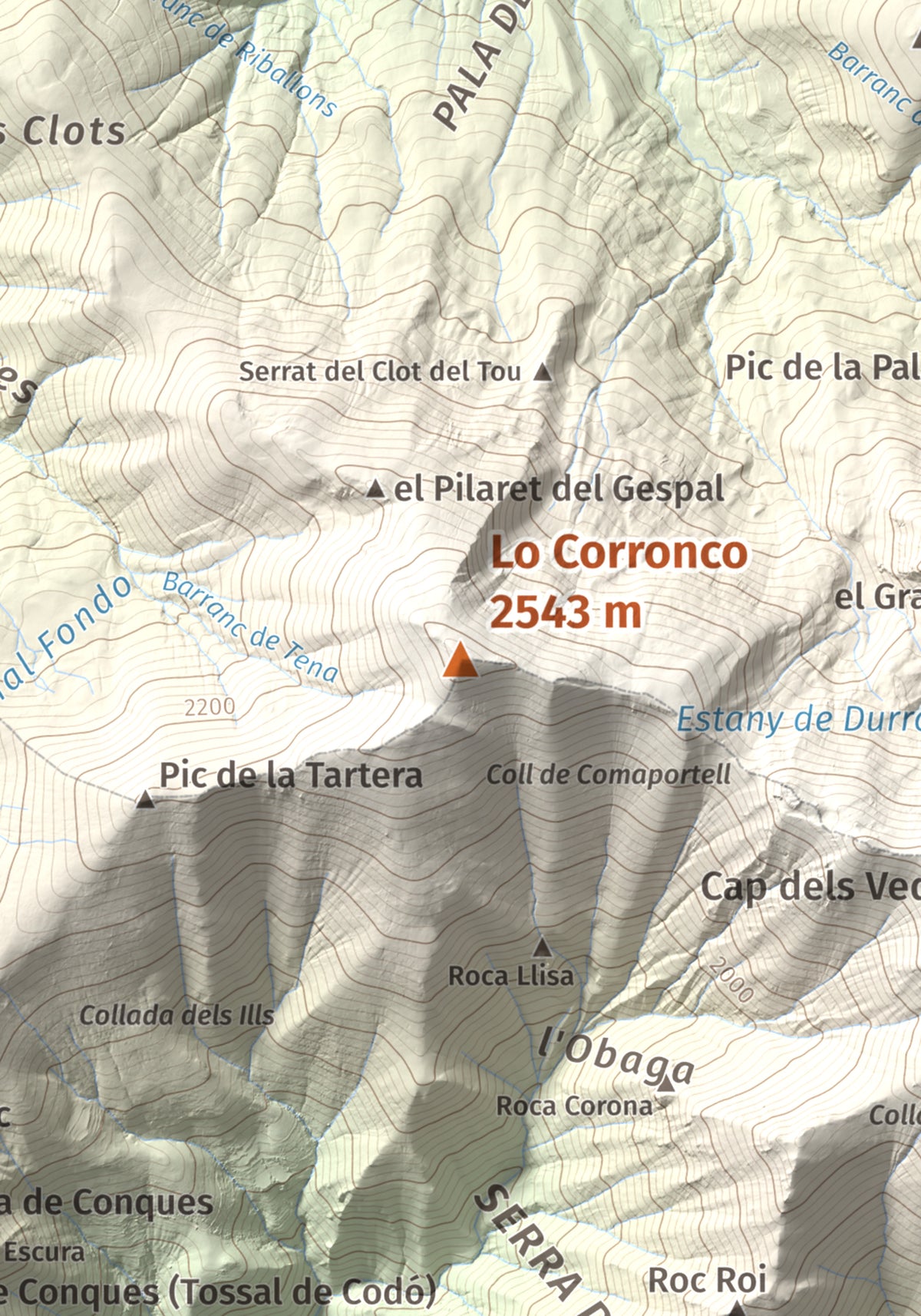 Mapa de relieve de Lo Corronco, 2543 m, Alta Ribagorça, lámina 100 Cims de Trobart. Detalle de la zona central. 21 × 30 cm.