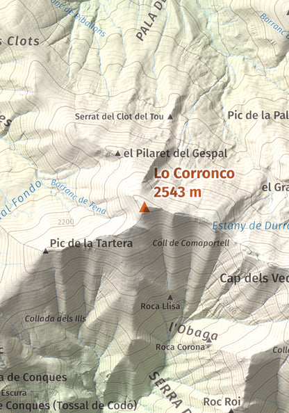 Mapa de relieve de Lo Corronco, 2543 m, Alta Ribagorça, lámina 100 Cims de Trobart. Detalle de la zona central. 21 × 30 cm.