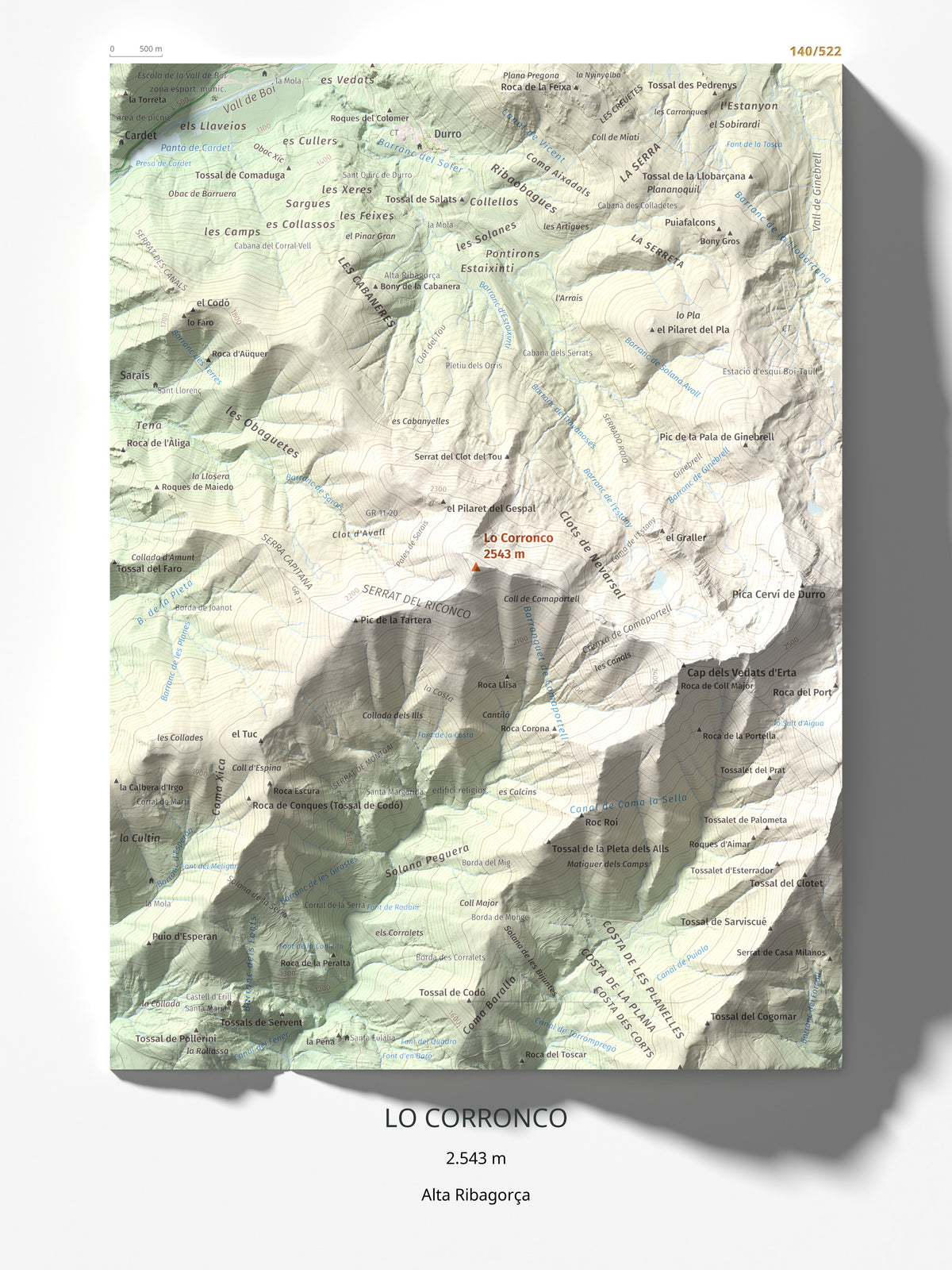 Mapa de relieve de Lo Corronco, 2543 m, Alta Ribagorça, lámina 100 Cims de Trobart 30 × 40 cm.