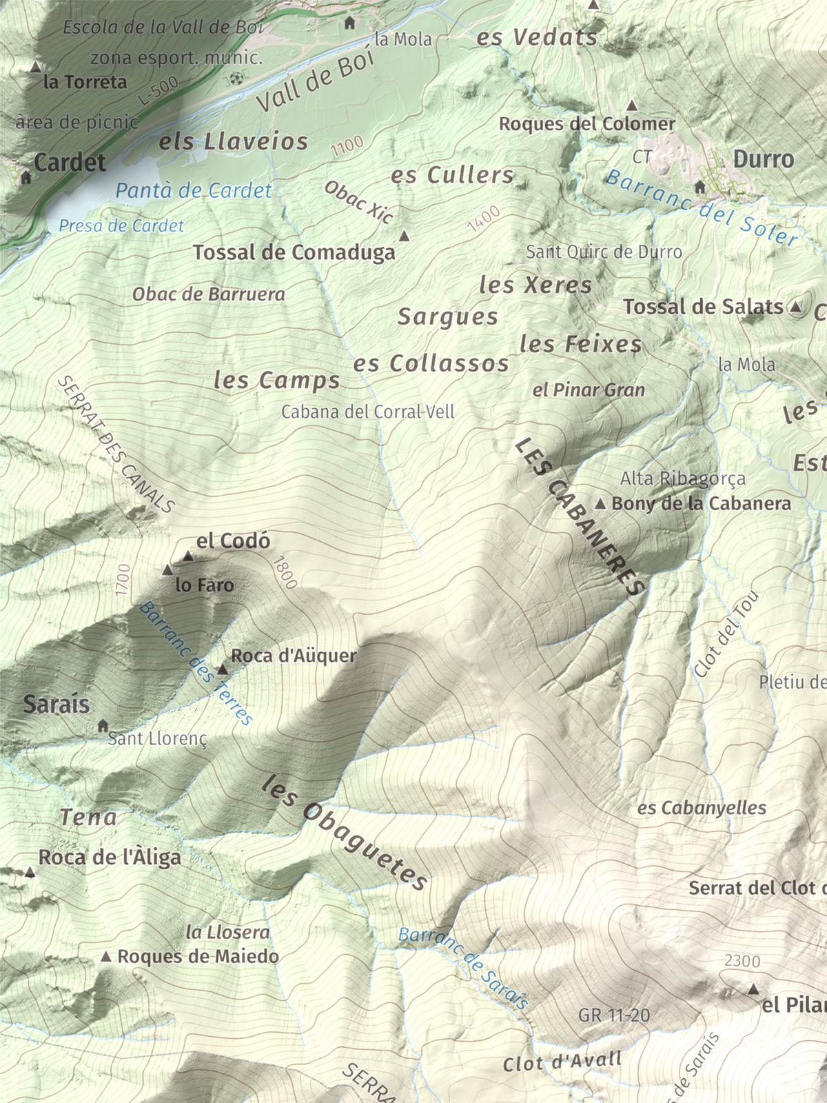 Mapa de relieve de Lo Corronco, 2543 m, Alta Ribagorça, lámina 100 Cims de Trobart. Detalle de la zona superior izquierda. 30 × 40 cm.
