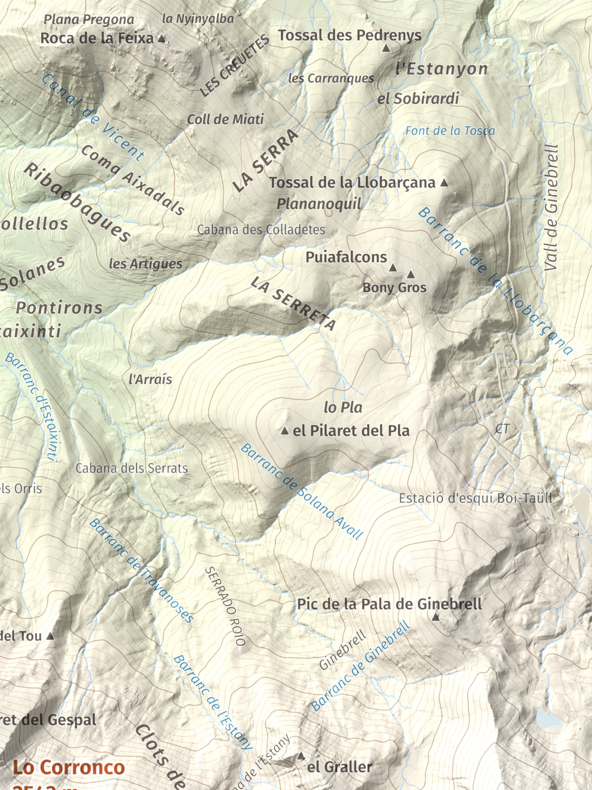 Mapa de relieve de Lo Corronco, 2543 m, Alta Ribagorça, lámina 100 Cims de Trobart. Detalle de la zona superior derecha. 30 × 40 cm.