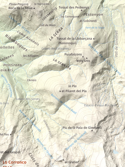 Mapa de relieve de Lo Corronco, 2543 m, Alta Ribagorça, lámina 100 Cims de Trobart. Detalle de la zona superior derecha. 30 × 40 cm.