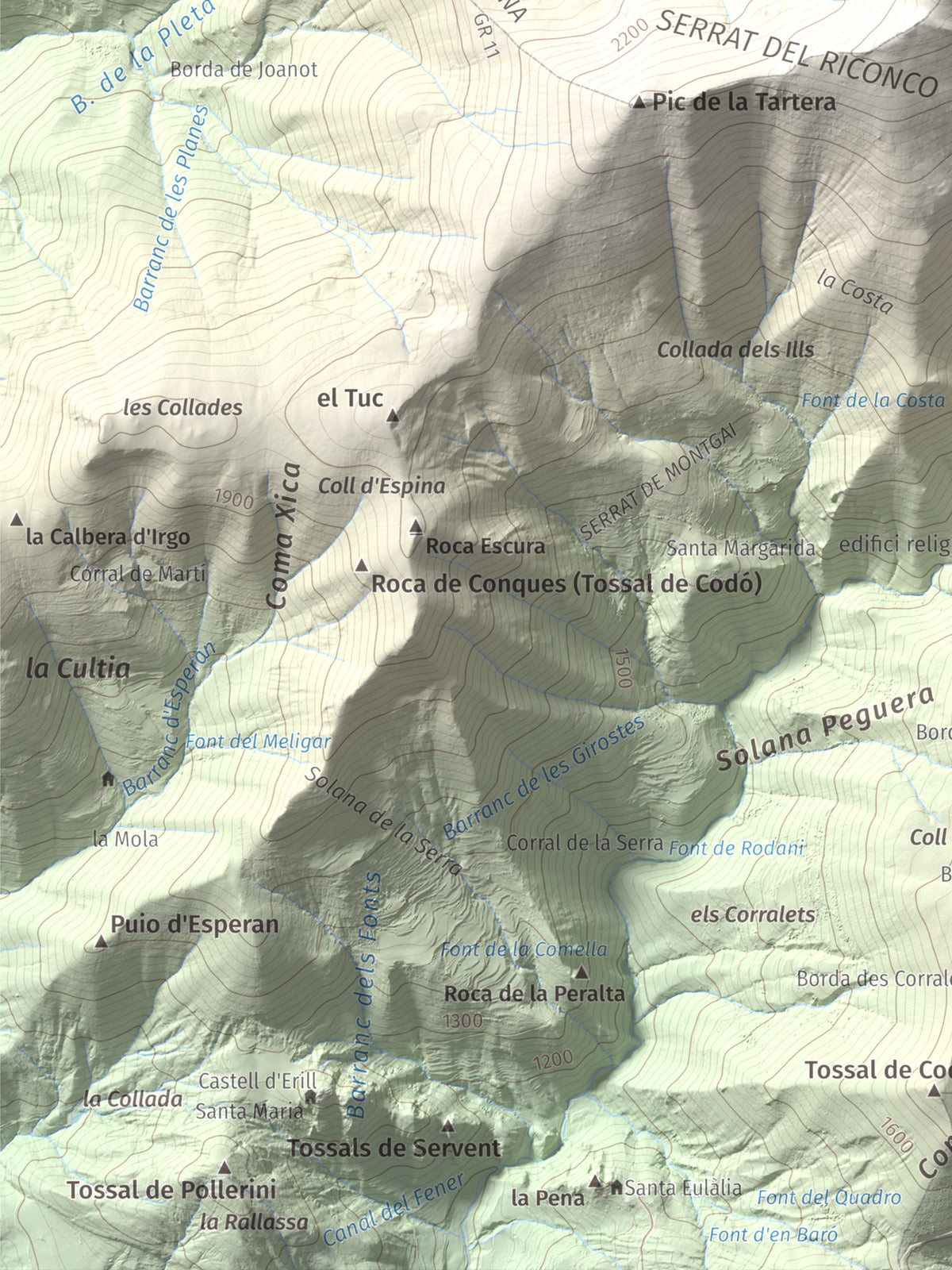 Mapa de relieve de Lo Corronco, 2543 m, Alta Ribagorça, lámina 100 Cims de Trobart. Detalle de la zona inferior izquierda. 30 × 40 cm.