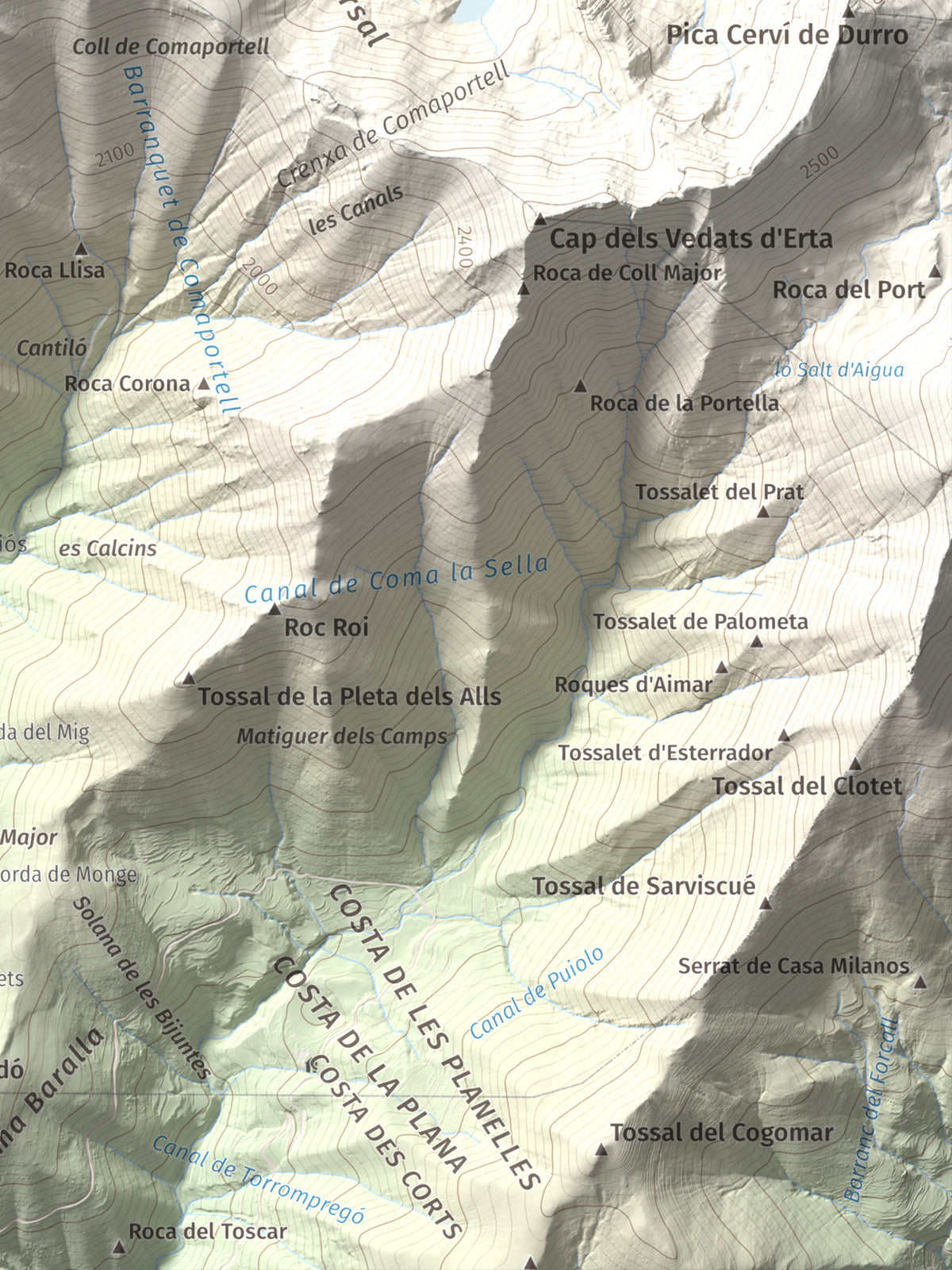 Mapa de relieve de Lo Corronco, 2543 m, Alta Ribagorça, lámina 100 Cims de Trobart. Detalle de la zona inferior derecha. 30 × 40 cm.
