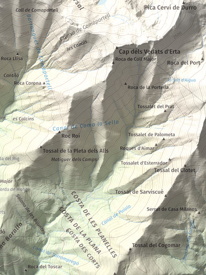 Mapa de relieve de Lo Corronco, 2543 m, Alta Ribagorça, lámina 100 Cims de Trobart. Detalle de la zona inferior derecha. 30 × 40 cm.