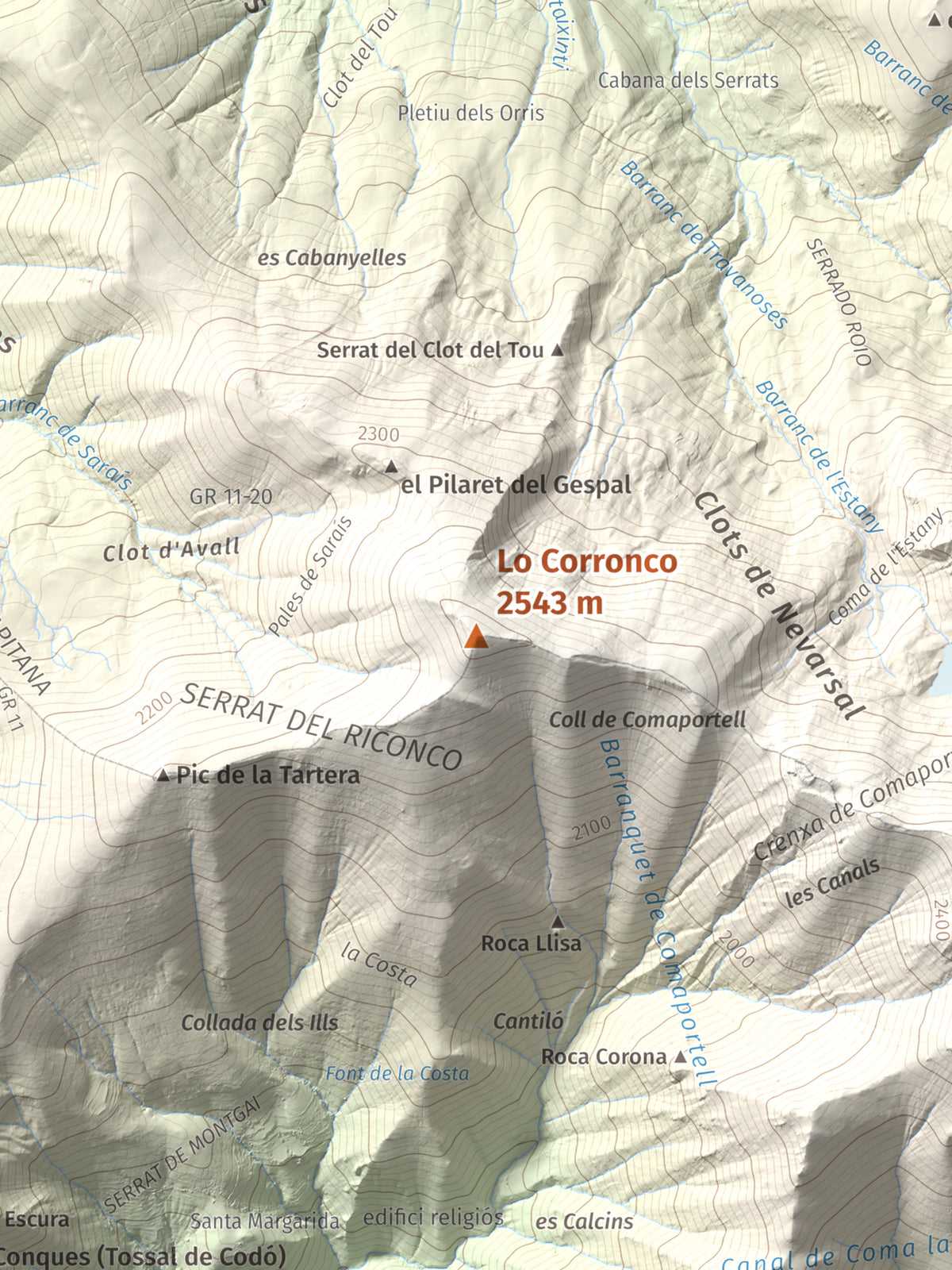 Mapa de relieve de Lo Corronco, 2543 m, Alta Ribagorça, lámina 100 Cims de Trobart. Detalle de la zona central. 30 × 40 cm.