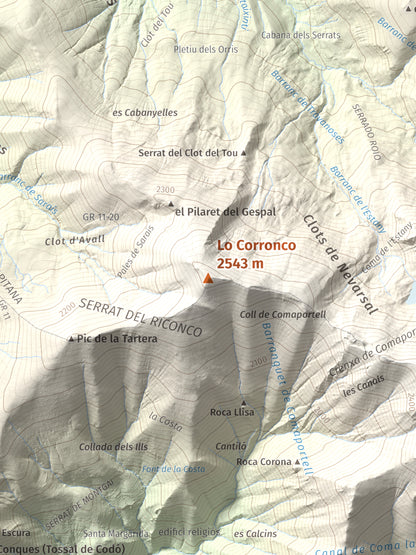 Mapa de relieve de Lo Corronco, 2543 m, Alta Ribagorça, lámina 100 Cims de Trobart. Detalle de la zona central. 30 × 40 cm.
