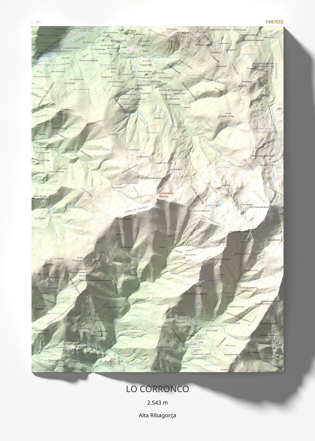 Mapa de relieve de Lo Corronco, 2543 m, Alta Ribagorça, lámina 100 Cims de Trobart 50 × 70 cm.