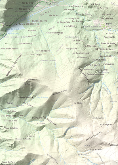Mapa de relieve de Lo Corronco, 2543 m, Alta Ribagorça, lámina 100 Cims de Trobart. Detalle de la zona superior izquierda. 50 × 70 cm.