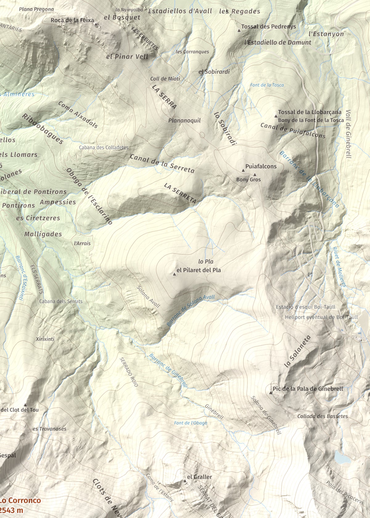 Mapa de relieve de Lo Corronco, 2543 m, Alta Ribagorça, lámina 100 Cims de Trobart. Detalle de la zona superior derecha. 50 × 70 cm.