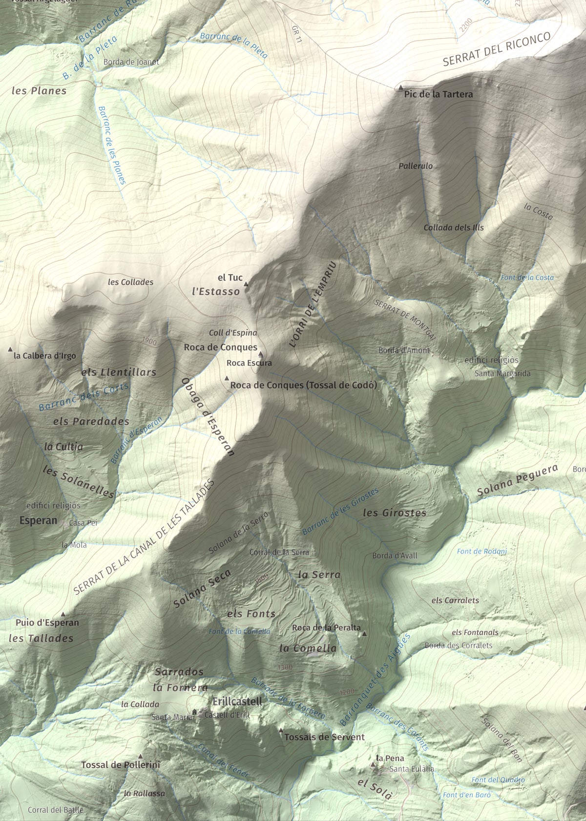Mapa de relieve de Lo Corronco, 2543 m, Alta Ribagorça, lámina 100 Cims de Trobart. Detalle de la zona inferior izquierda. 50 × 70 cm.