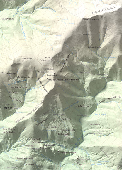 Mapa de relieve de Lo Corronco, 2543 m, Alta Ribagorça, lámina 100 Cims de Trobart. Detalle de la zona inferior izquierda. 50 × 70 cm.