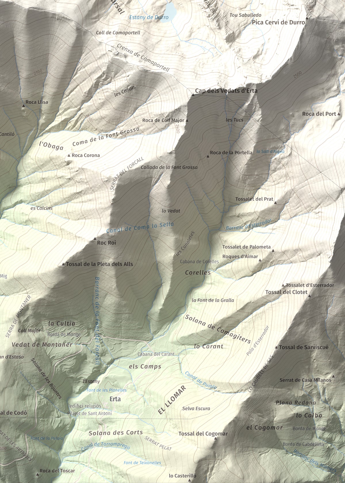 Mapa de relieve de Lo Corronco, 2543 m, Alta Ribagorça, lámina 100 Cims de Trobart. Detalle de la zona inferior derecha. 50 × 70 cm.