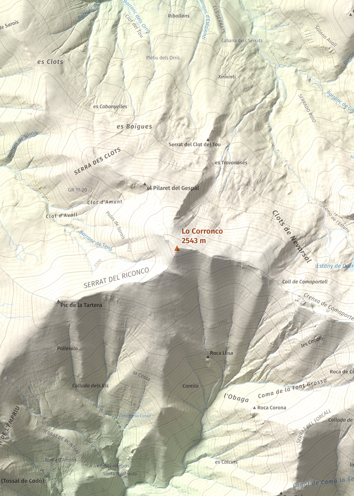 Mapa de relieve de Lo Corronco, 2543 m, Alta Ribagorça, lámina 100 Cims de Trobart. Detalle de la zona central. 50 × 70 cm.