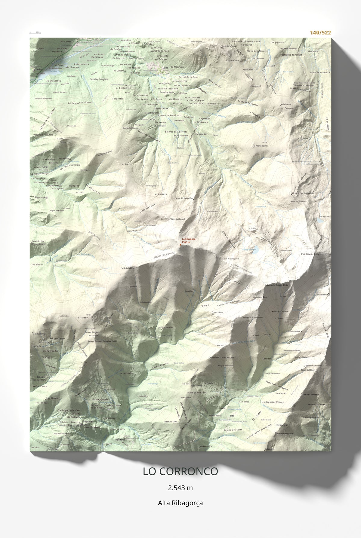Mapa de relieve de Lo Corronco, 2543 m, Alta Ribagorça, lámina 100 Cims de Trobart 61 × 91 cm.
