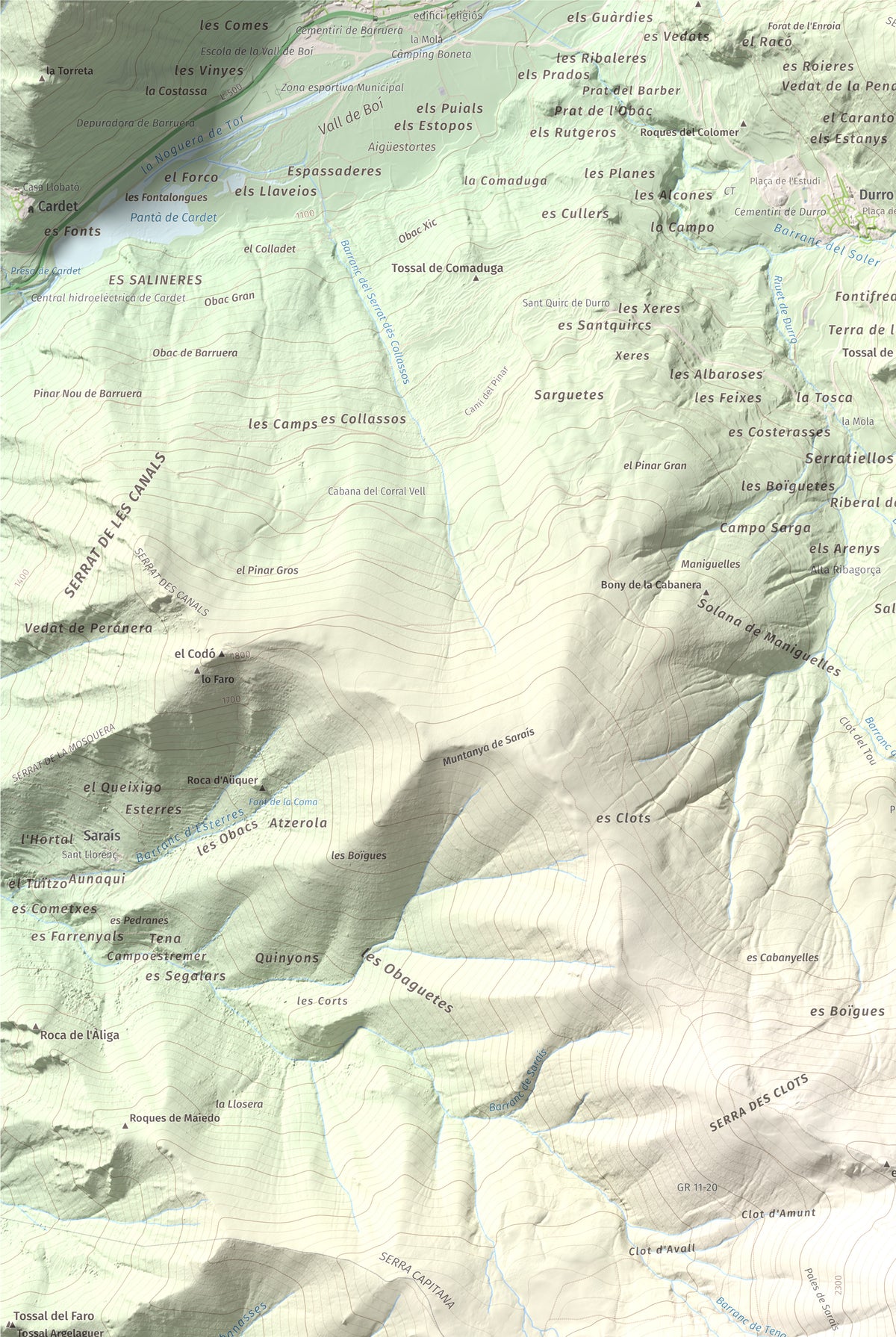 Mapa de relieve de Lo Corronco, 2543 m, Alta Ribagorça, lámina 100 Cims de Trobart. Detalle de la zona superior izquierda. 61 × 91 cm.