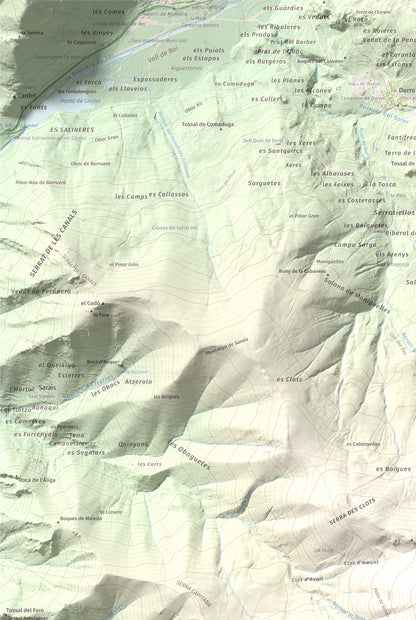 Mapa de relieve de Lo Corronco, 2543 m, Alta Ribagorça, lámina 100 Cims de Trobart. Detalle de la zona superior izquierda. 61 × 91 cm.