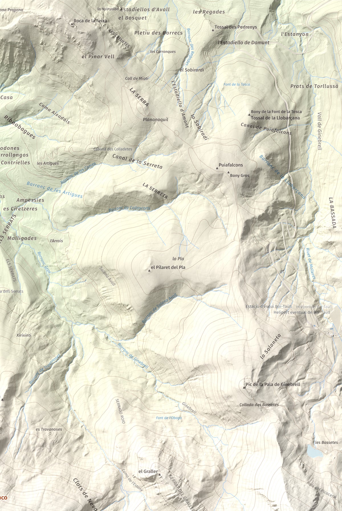 Mapa de relieve de Lo Corronco, 2543 m, Alta Ribagorça, lámina 100 Cims de Trobart. Detalle de la zona superior derecha. 61 × 91 cm.