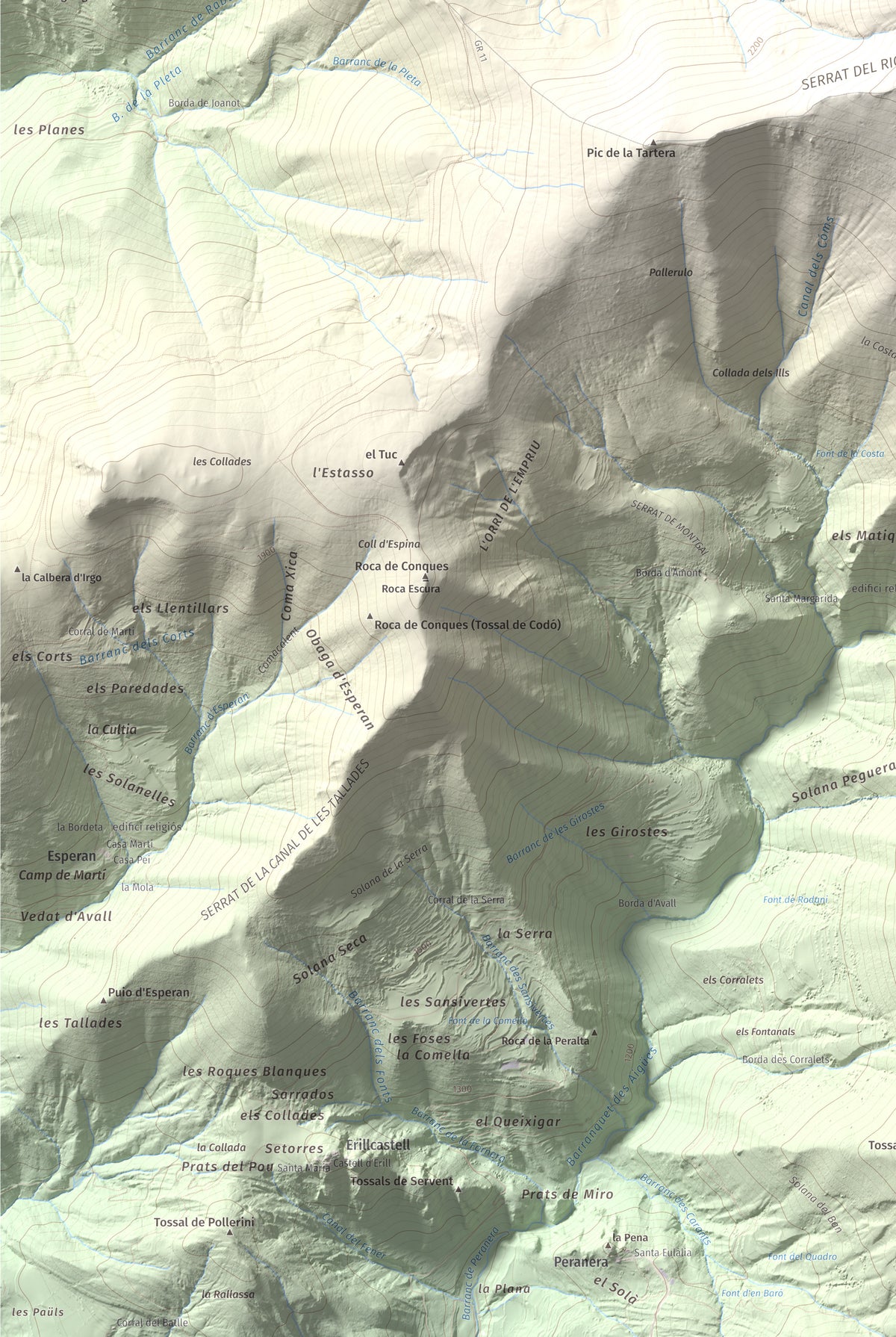 Mapa de relieve de Lo Corronco, 2543 m, Alta Ribagorça, lámina 100 Cims de Trobart. Detalle de la zona inferior izquierda. 61 × 91 cm.