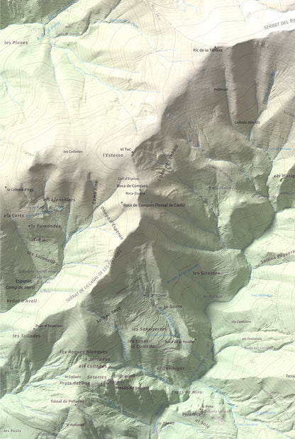Mapa de relieve de Lo Corronco, 2543 m, Alta Ribagorça, lámina 100 Cims de Trobart. Detalle de la zona inferior izquierda. 61 × 91 cm.