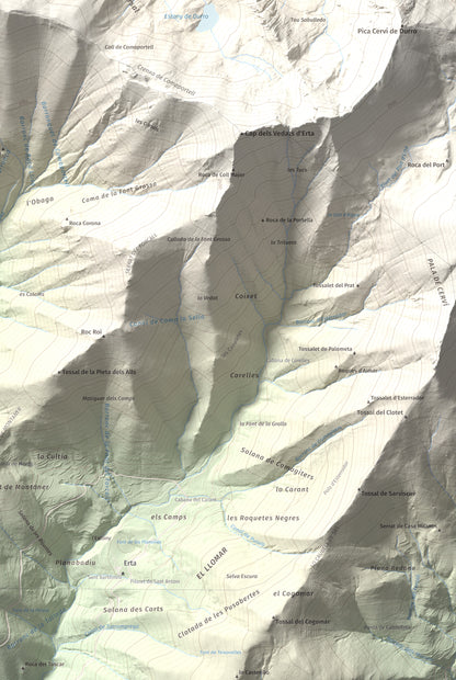 Mapa de relieve de Lo Corronco, 2543 m, Alta Ribagorça, lámina 100 Cims de Trobart. Detalle de la zona inferior derecha. 61 × 91 cm.