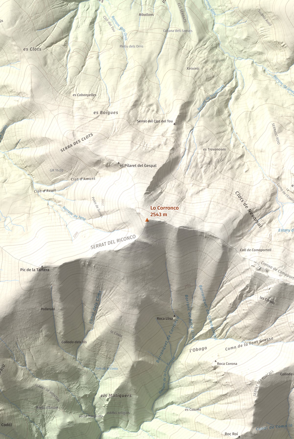Mapa de relieve de Lo Corronco, 2543 m, Alta Ribagorça, lámina 100 Cims de Trobart. Detalle de la zona central. 61 × 91 cm.