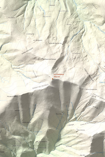 Mapa de relieve de Lo Corronco, 2543 m, Alta Ribagorça, lámina 100 Cims de Trobart. Detalle de la zona central. 61 × 91 cm.