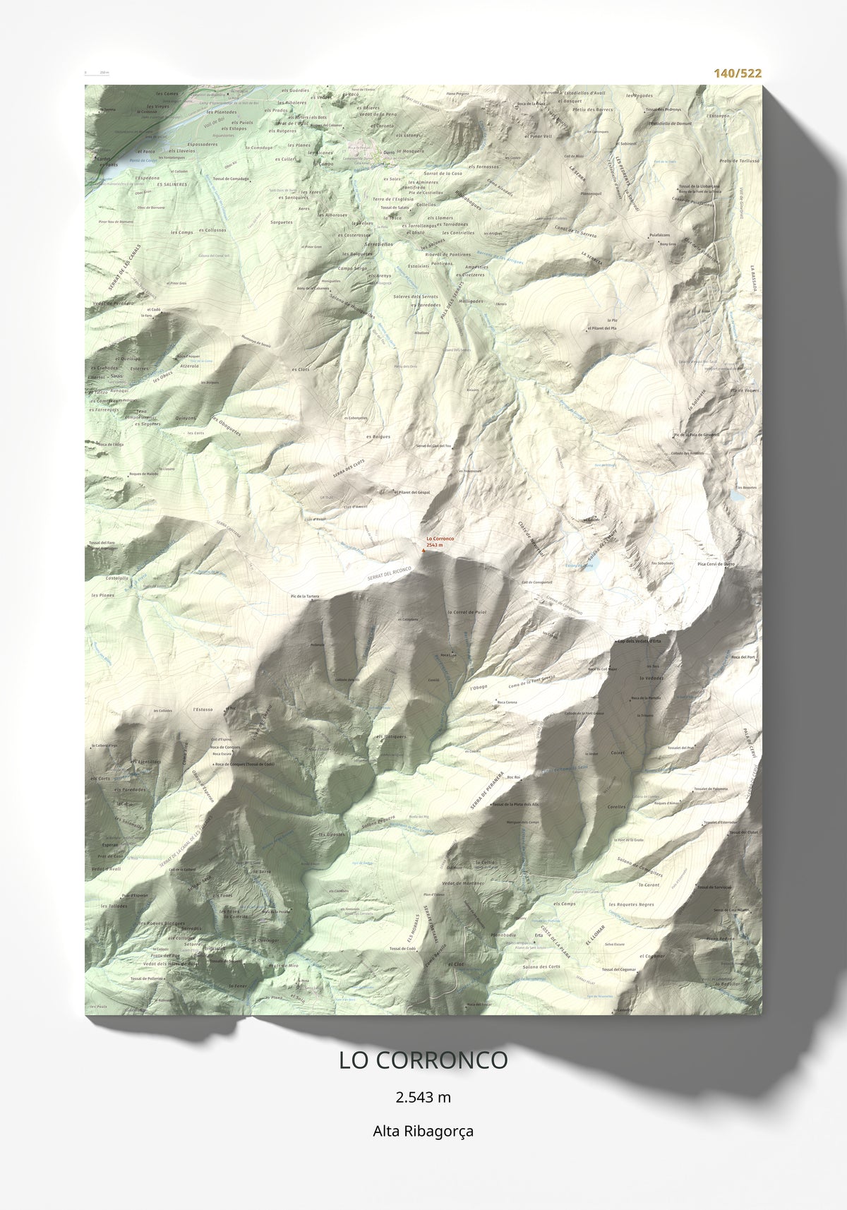 Mapa de relieve de Lo Corronco, 2543 m, Alta Ribagorça, lámina 100 Cims de Trobart 70 × 100 cm.