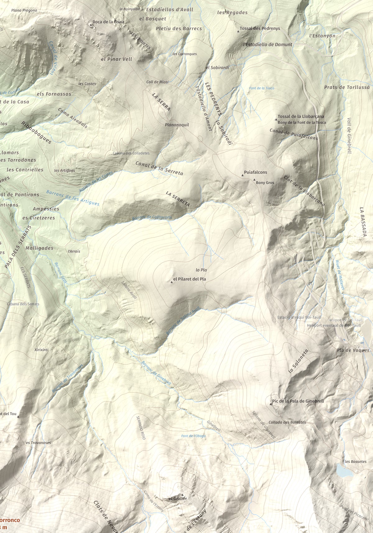 Mapa de relieve de Lo Corronco, 2543 m, Alta Ribagorça, lámina 100 Cims de Trobart. Detalle de la zona superior derecha. 70 × 100 cm.